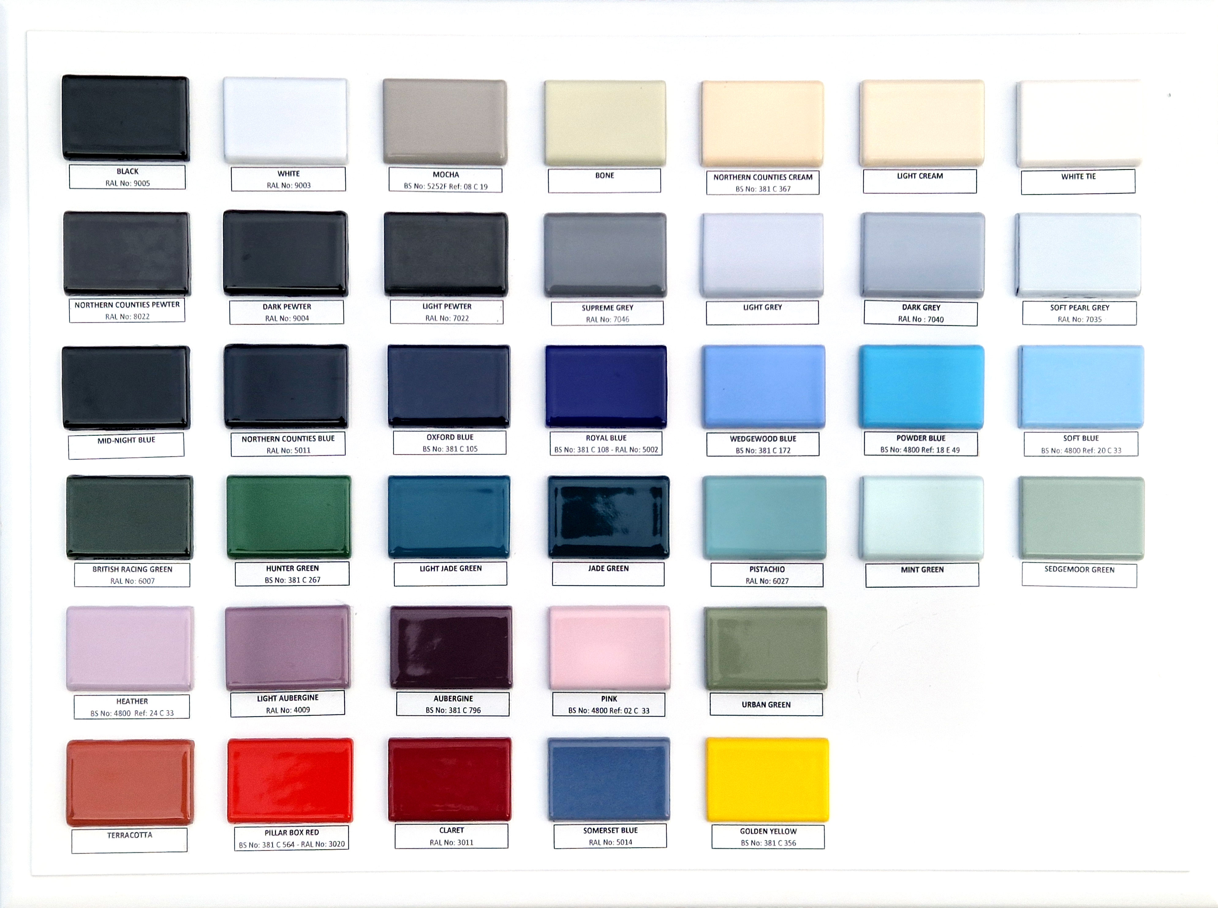 Our range of colours for re-enamelling